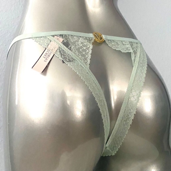 Victorias Secret Nwt Very Sexy Hazy Mint Lace Gold V Open Back String Panty - Picture 3 of 4